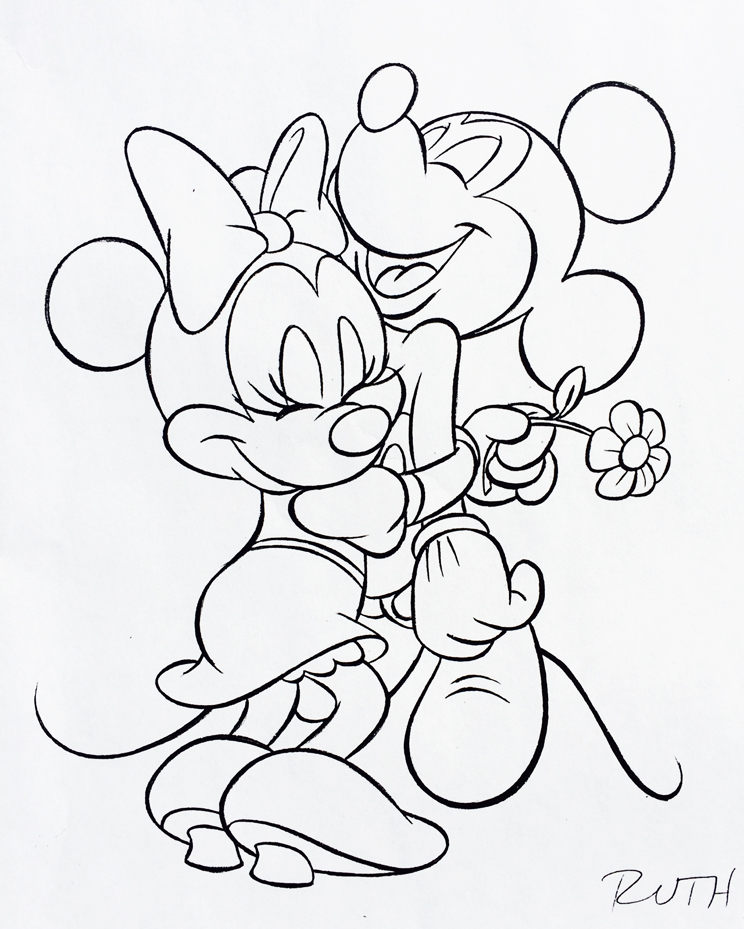 Mickey & Minnie Hugging drawn by Ruth Elliott, 2000