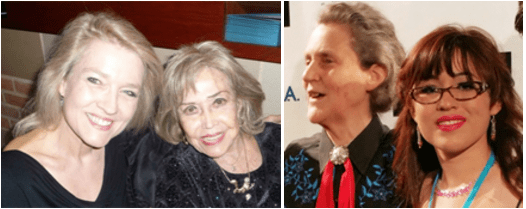 Photo on left: Ruth Elliott and June Foray at the Annie Awards, 2013. On right: the famous Temple Grandin and Dani Bowman at a conference of AutismWorksNow, 2015.