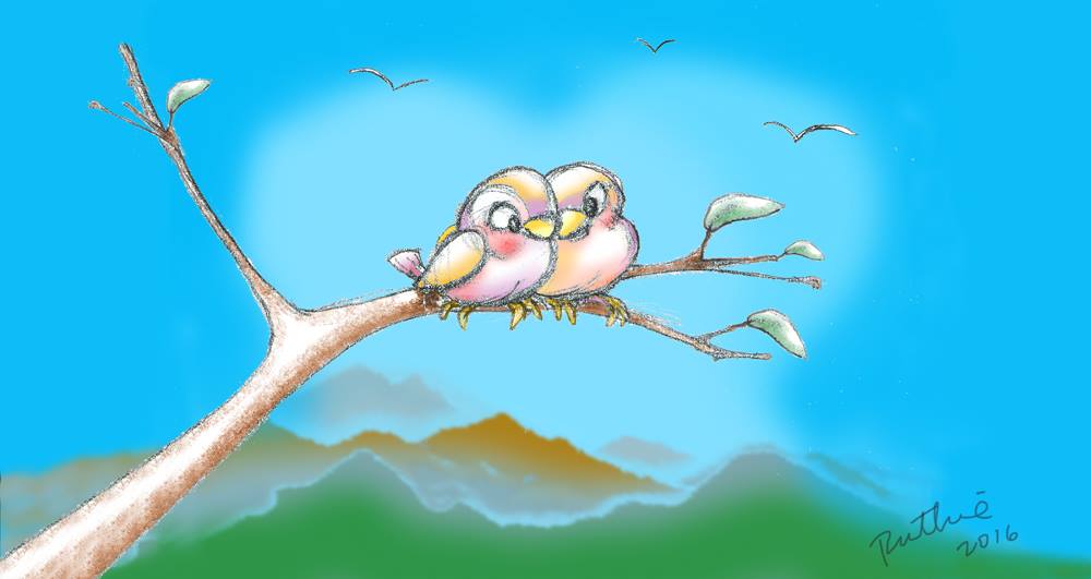 sketch of two lovebirds snuggling on a branch